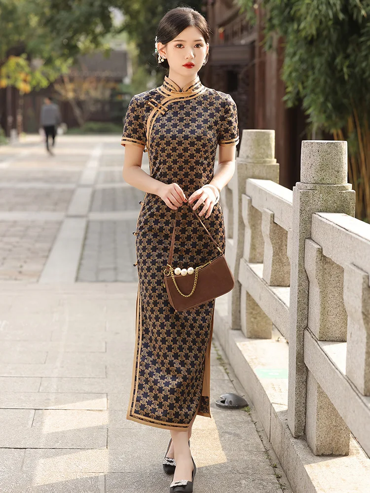 InjCheongsam-Robe vintage à manches courtes, grande taille, slim, olympiques de fête de mariage, qipao floral, S à 4XL, nouvelle collection été 2024