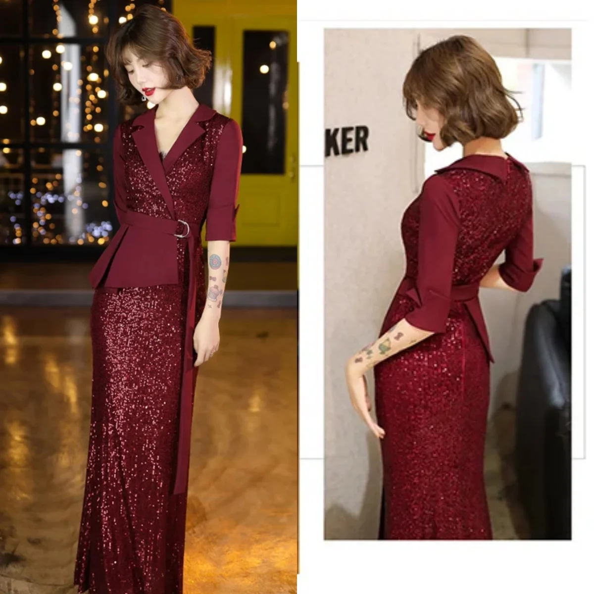 

Evening Dresses Burgundy Sequins V-neck Half Sleeve Mermaid Floor-length Plus size Women Party Formal Gowns Robe de soiree K144