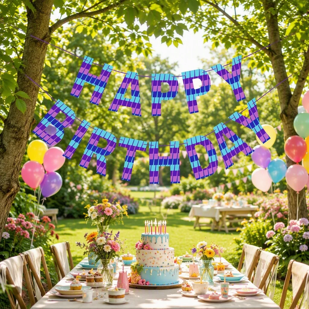 Pixel Video Game Happy Birthday Banner, Purple Blue Gaming Bunting Garland, Pre-Assembled for Kids Boys Birthday Party Supplies