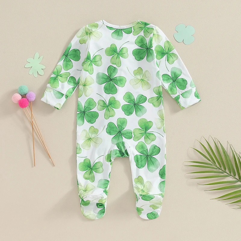 Infant Boys Girls Rompers Lucky Clover Print Long Sleeve Jumpsuits Crew Neck Footies Fall Toddler Bodysuits for Baby