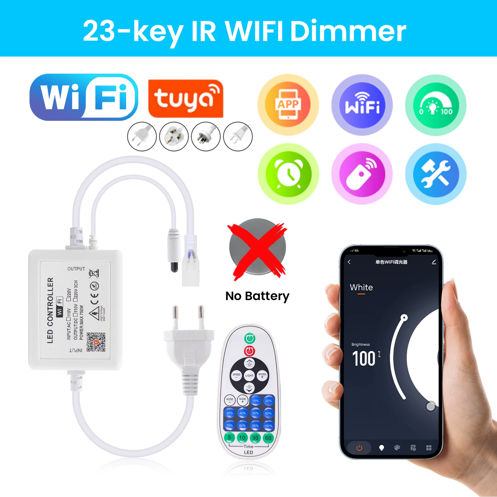 Tuya WIFI LED Dimmer APP Remote Control for 10mm Width AC110V 220V COB LED Strip Dimming Controller Works with Alexa Google