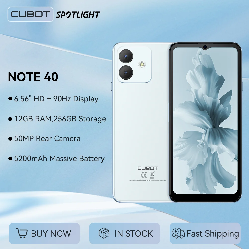 Cubot Note 40 Smartphone, 12GB RAM (6GB+6GB Extended) + 256GB ROM, 50MP Main Camera, 6.56" 90Hz Display, 5200mAh Battery, GPS