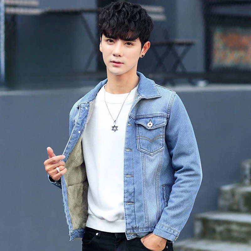 

Jeans Coat for Men Slim Fit Cargo Blue Denim Jackets Man New in Designer Size L Low Price High Quality Korea Casual Large Joker