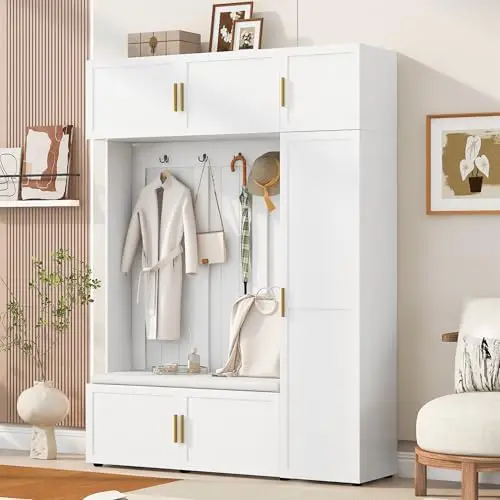 American Hall Tree Entryway Organizer, Coat Rack with Top & Side Storage Cabinets Hooks, Wood Seating Bench with Bottom