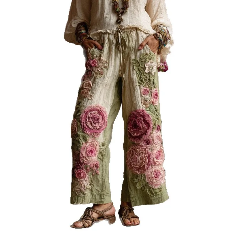 Spring Women Trousers 3D Floral Printed Pattern Long Pants Ladies Elegant Party Casual Straight-Leg Trousers For Female New