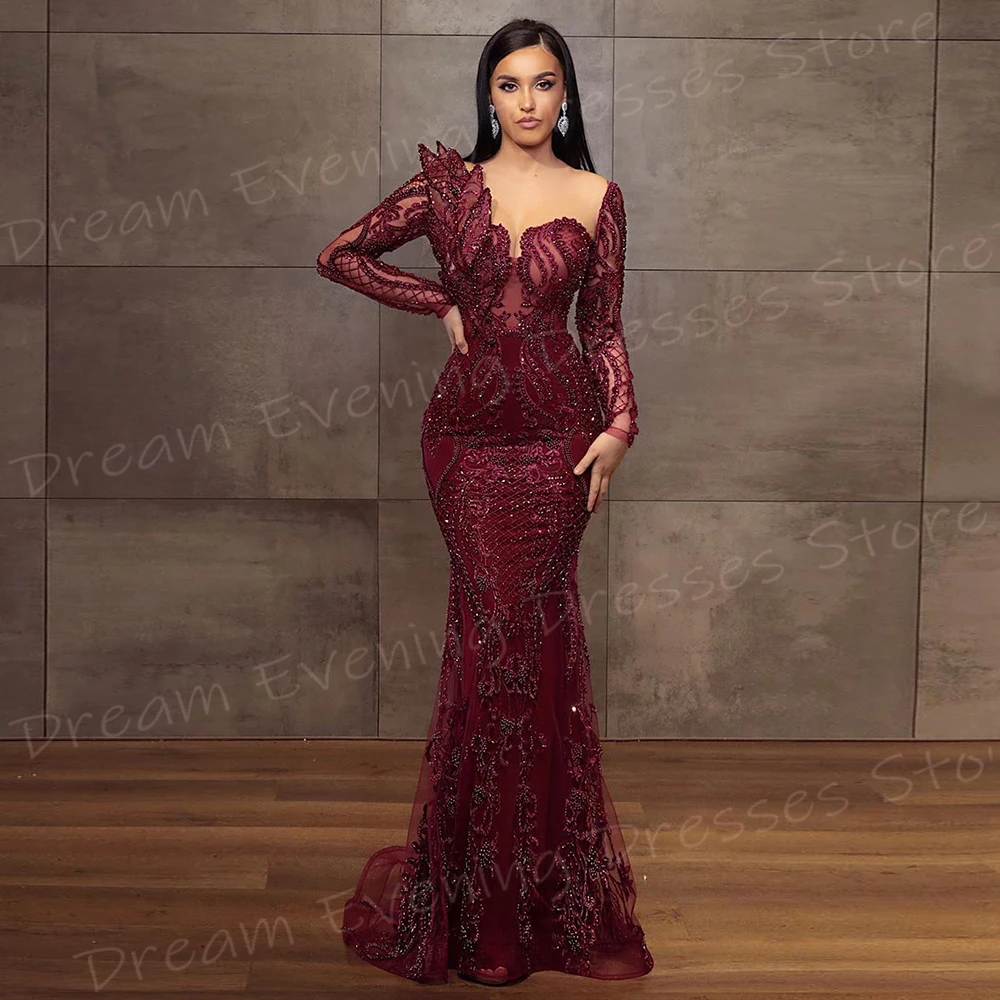 Gaun malam wanita cantik putri duyung merah Modern cantik gaun Prom manik-manik lengan panjang klasik gaun pesta Formal Vestido De Noche