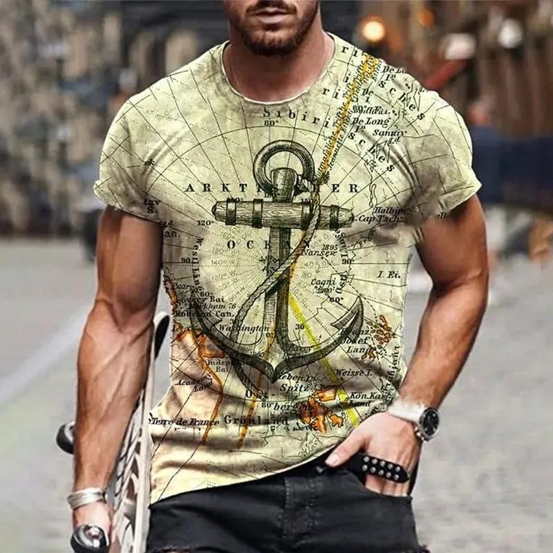 2024 new retro men\'s T-shirt Summer short sleeve O neck 3D anchor print top T-shirt oversized men\'s casual streetwear