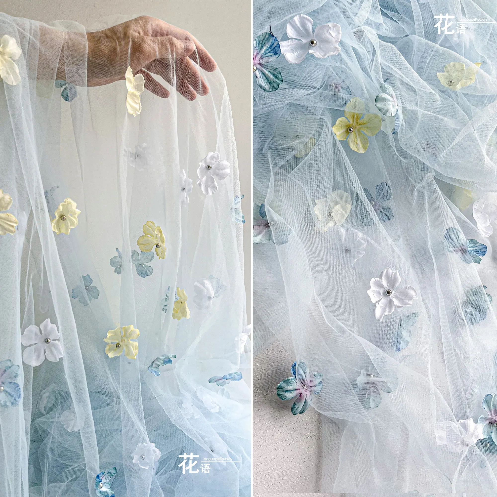 Ombre Soft Mesh Designer Fabric Dimensional Floral Detail for Bridal Dressmaking, DIY Accessories and Creative Sewing Projects