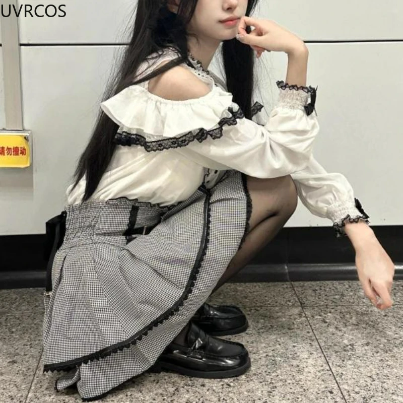 Japanese Gothic Lolita Style Skirt Set Women Cute Bow Off Shoulder Blouses Plaid Mini Skirts Suits Female Korean Y2k 2 Piece Set