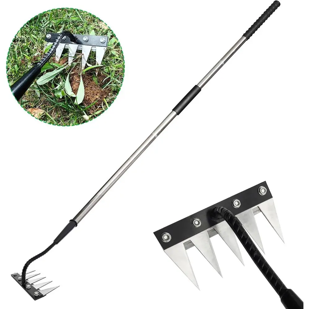 

Long Handled Carbon Steel Weed Rake with 5 Teeth for Garden Weeding and Leaf Removal