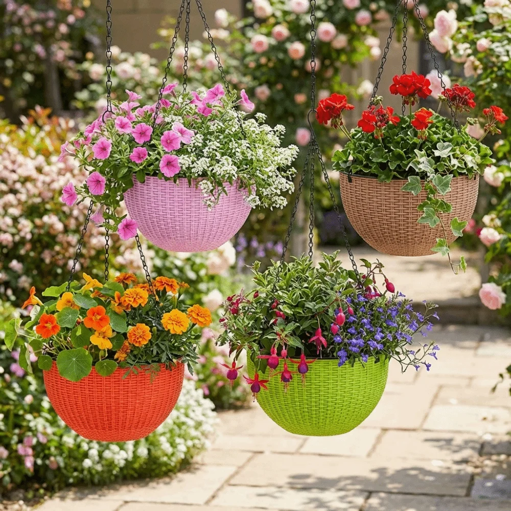 Plastic Imitation Rattan Hanging Pot European Style Self Absorbing Water Plant Hanging Basket with Chain Stackable