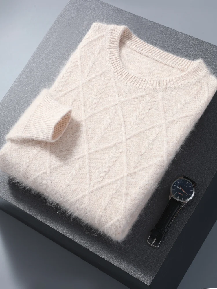 100% Mink Cashmere Autumn Winter Men O-Neck Sweater Cable Knitting Thick Pullover High Quality Smart Casual Cashmere Knitwear