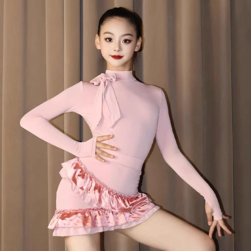 

Детская одежда для латинских танцев для девочек, боди с длинными рукавами и юбка, детская одежда для бальных танцев, румбы, тренировочные костюмы для выступлений