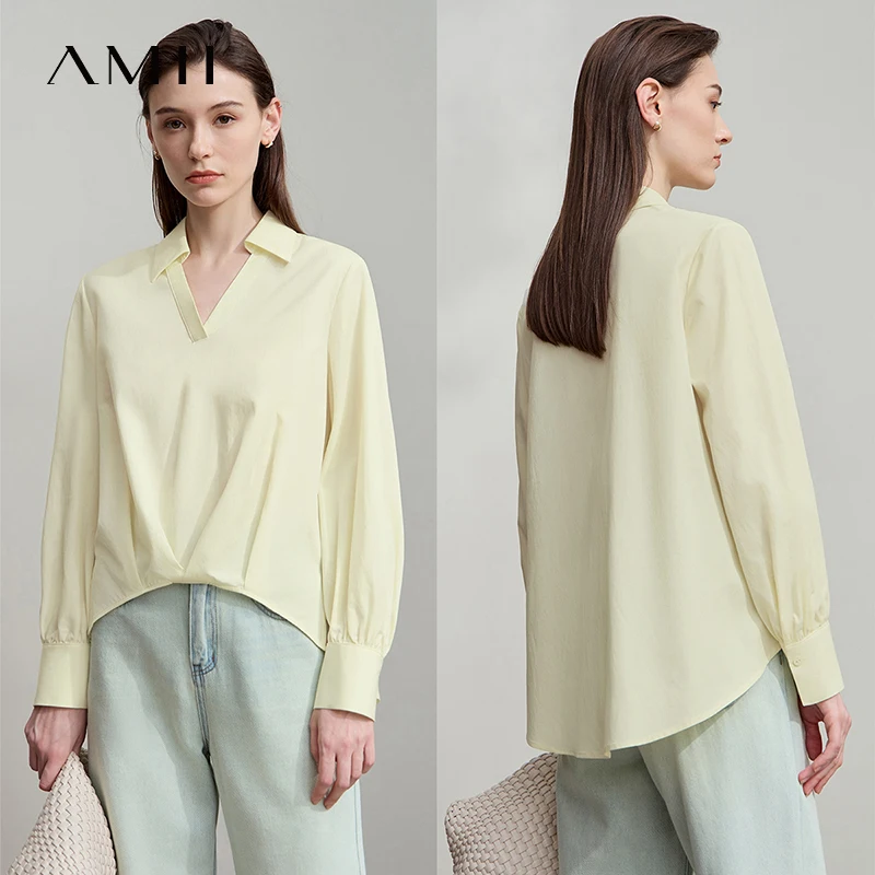 

AMII 2025 Autumn New Shirts Women Minimalism Office Lady Blouse Long Sleeve Top V-neck Lapel Loose Lyocell Cotton Shirt 12543021