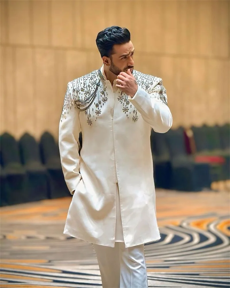 

White Crystals Men Suit Set 2 Pcs Long Blazer+Cotton Pants Trousers Formal Office Coat Wedding Tuxedo Customized Jacket Outfit