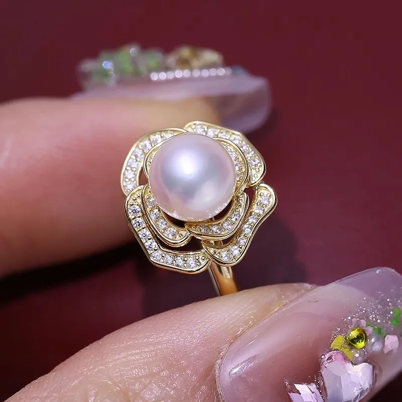 MeiBaPJ 8mm Natural Nearround Pearls Fashion Golden Flower Ring DIY 925 Silver Holder Setting Fine Wedding Jewelry for Women 6