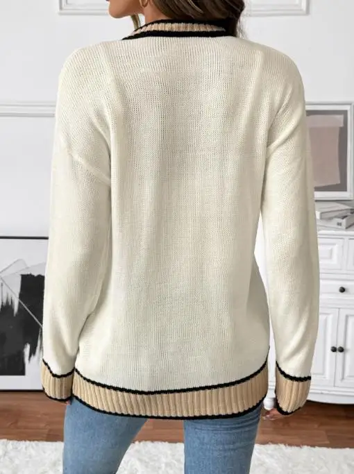 

Fashionable 2025 New Autumn and Winter Workplace Casual Lazy Style Loose V-Neck Contrasting Color Sweater Cardigan for Women