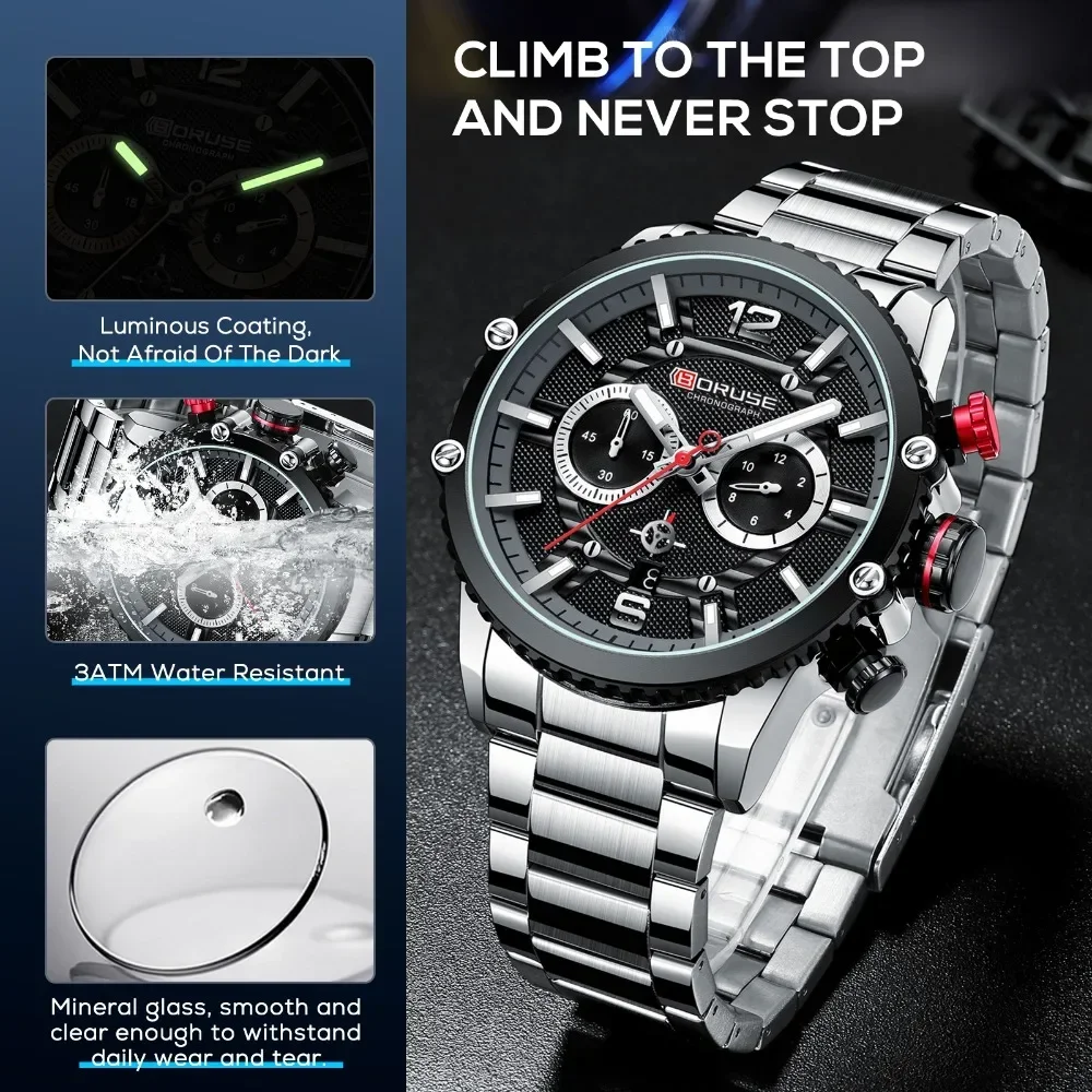 BORUSE 2Pcs/Set of Silver-black Luxury Mens Quartz Watch Necklace Classic Round Dial Alloy Case with Date Ideal Gift for Men