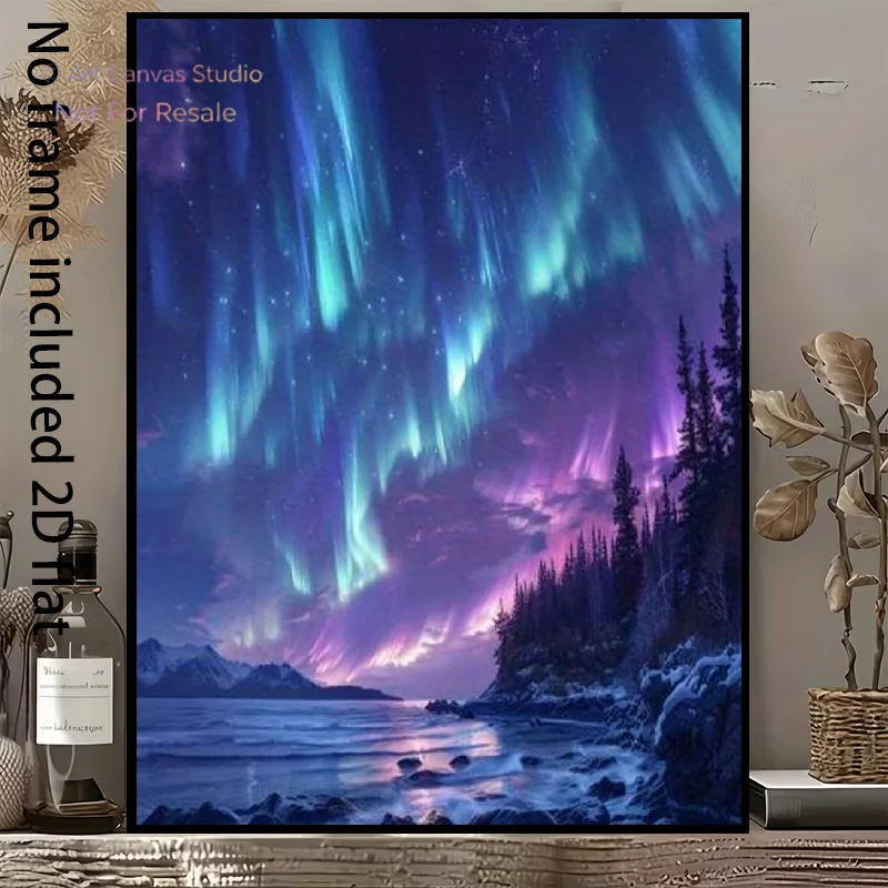 2D Flat, 2D Flat, A 1pc Decorative Canvas Painting Depicting a Night Scene of Coastal Forests Under The Northern Lights, Show