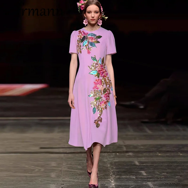 

Seifrmann 2026 Summer Women's New Fashionable Round Neck Short Sleeve Nail Bead stereoscopic Flower Waist cinching Dress