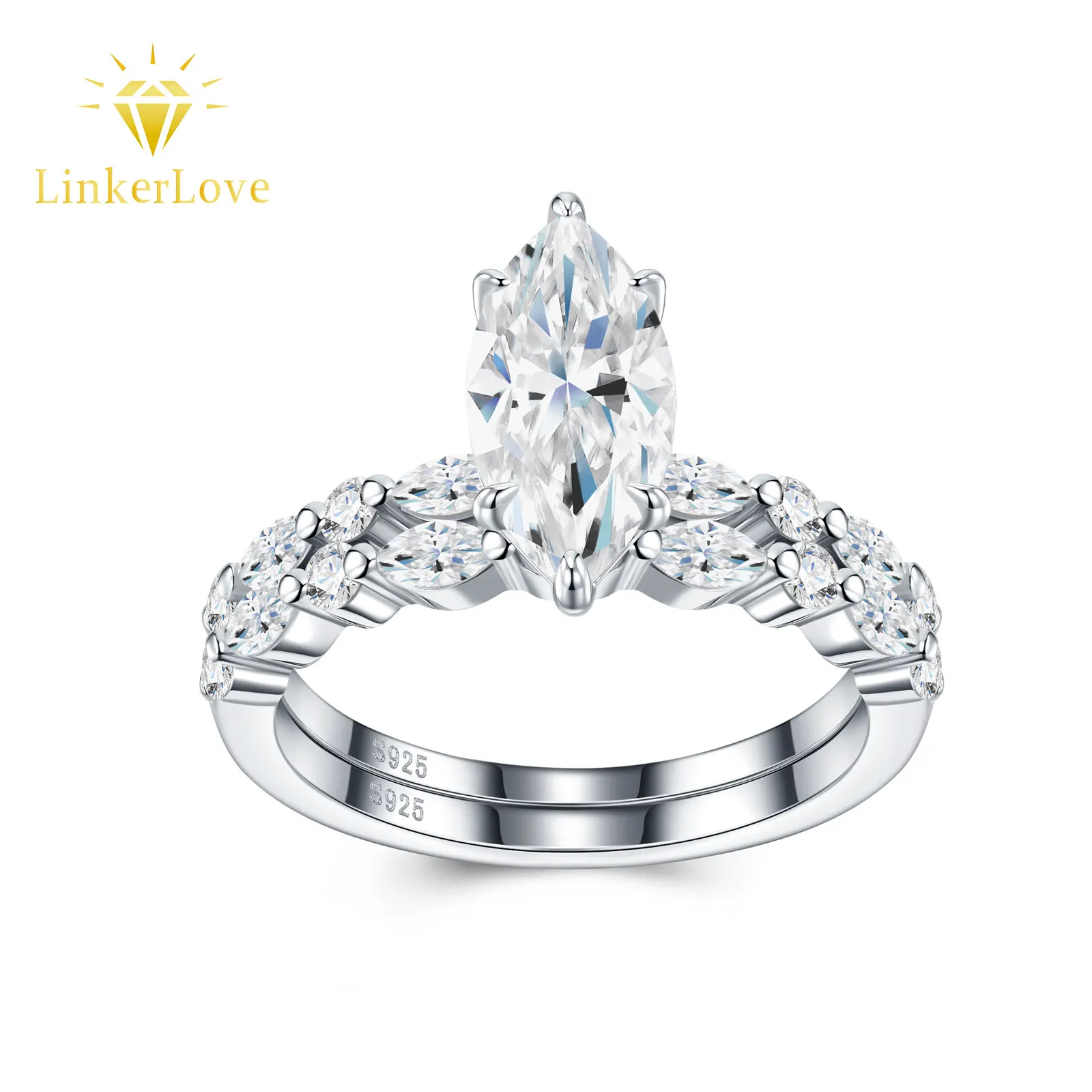 

LinkerLove 925 Silver 2CT Marquise Cut Moissanite Engagement Ring Side Accent Halo Ring Stackable Wedding Band for Women Jewelry