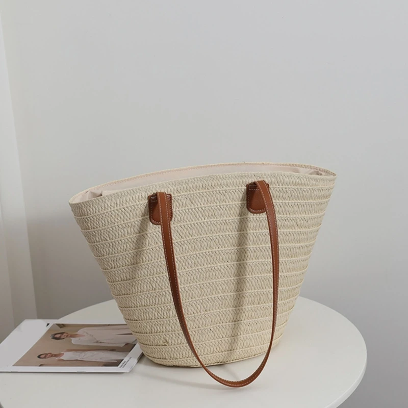 Summer Straw Bags Beach Tote Bag for Women Large Capacity Straw Tote Bag with Zipper Beach Handbags Woven Shoulder Bag