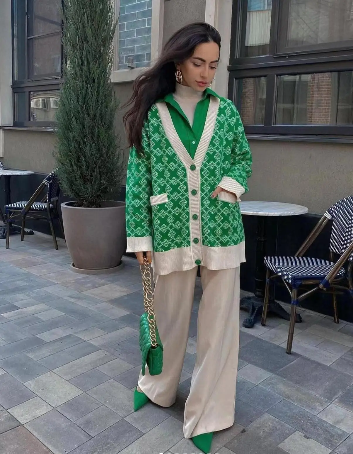 Suéter Longo Solto de Outono Inverno Cardigan Aberto Estilo de Rua Decote em V Manga Longa Suéter Tricotado em Cores para Mul...