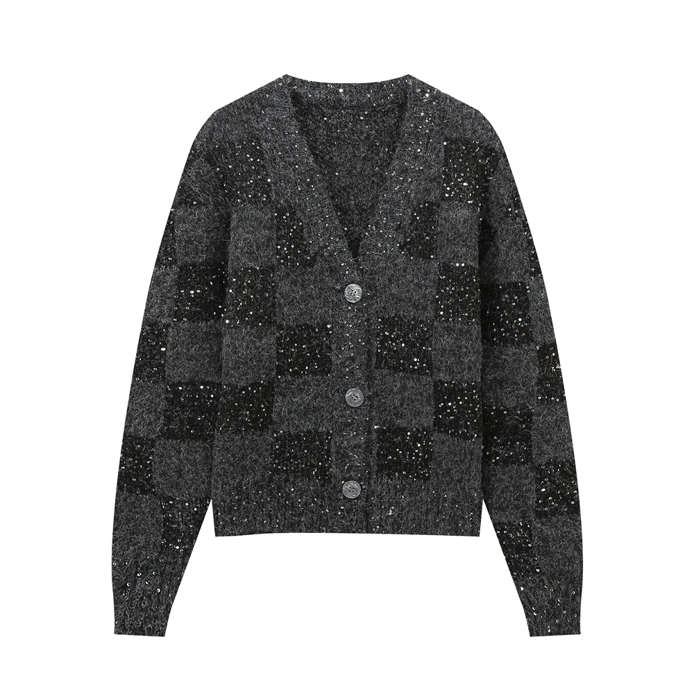 JNLEAOG automne nouveau Faionable paillettes tricoté Cardigan femmes coupe ample v-ne longue Sve Polyester Fiber motif Animal