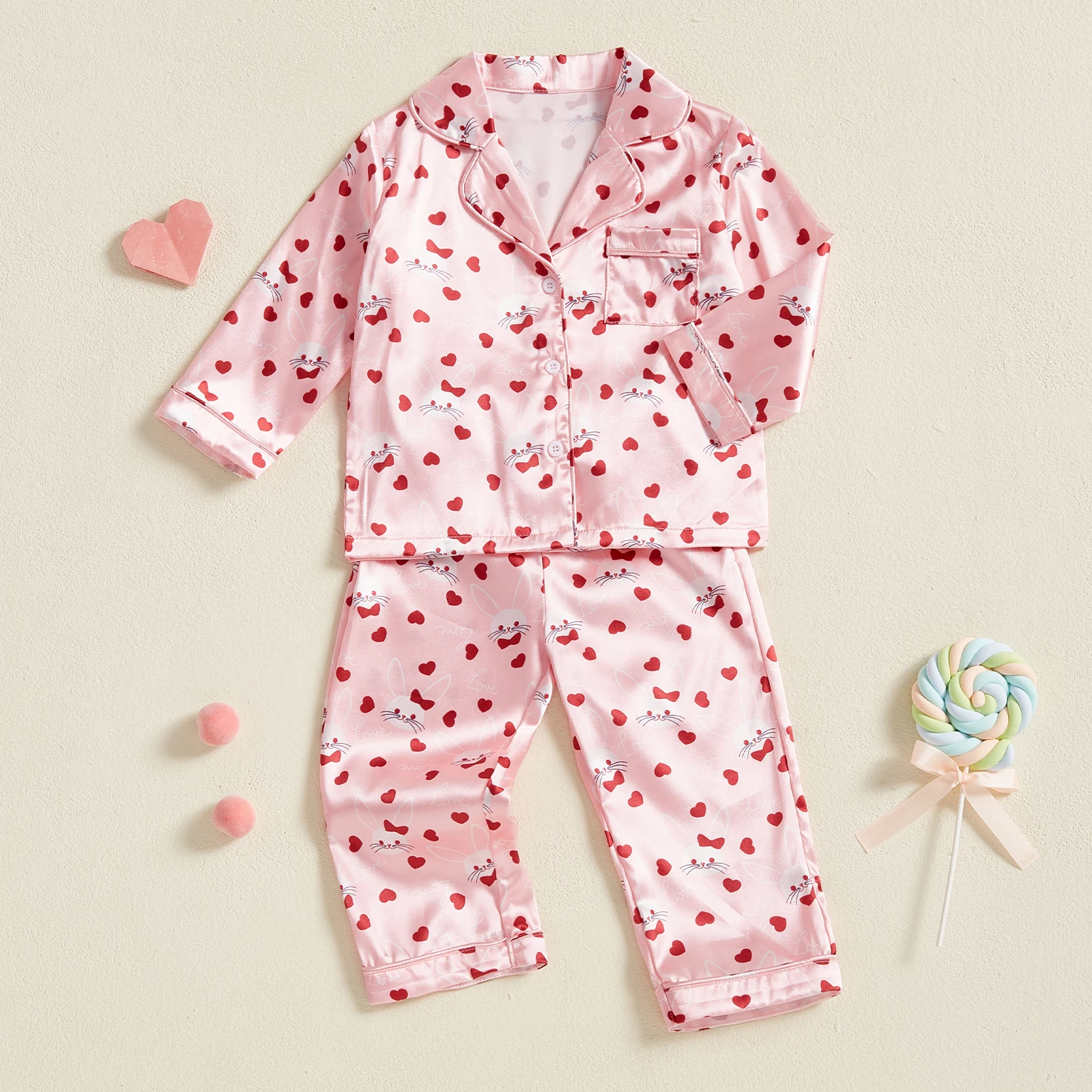 Baby Girls Satin Pajamas Cat/Bow Print Button Long Sleeves Shirt with Elastic Pants for Loungewear Sleepwear