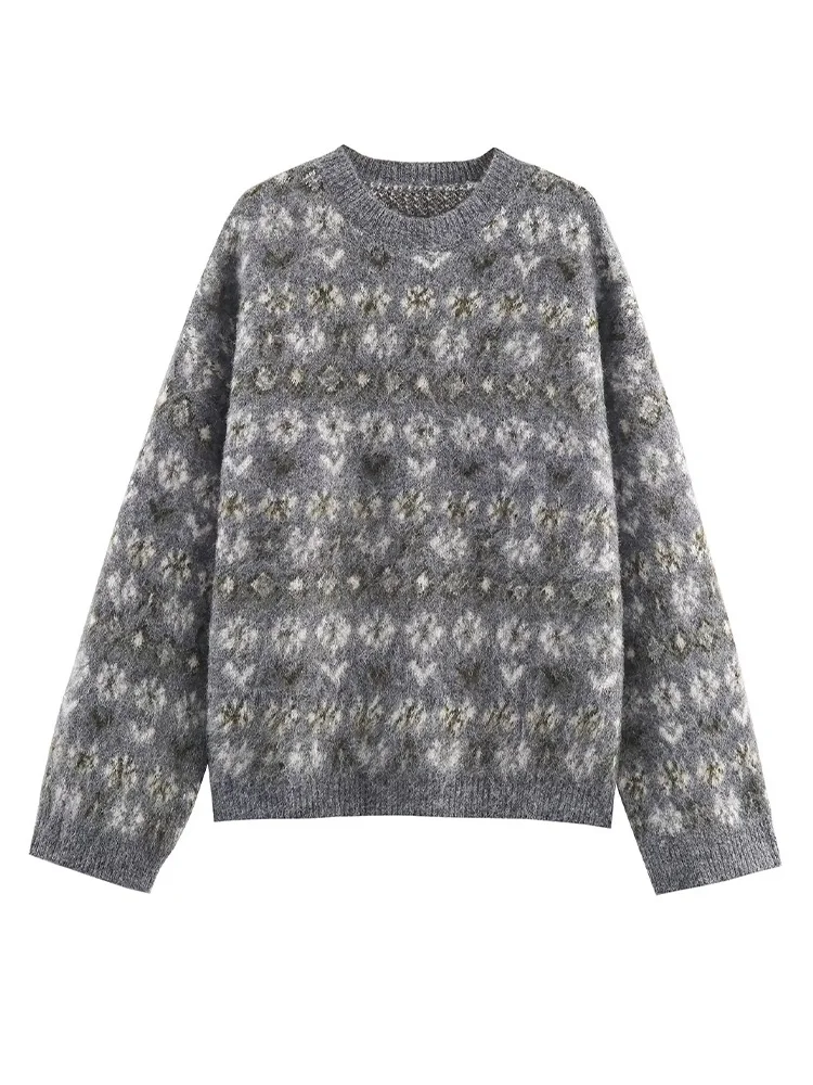 

HH Women Winter Fashion Versatile Crew Neck Printed Knitted Sweater Pullover Top Female High Street Casual Long Sleeve Sweater