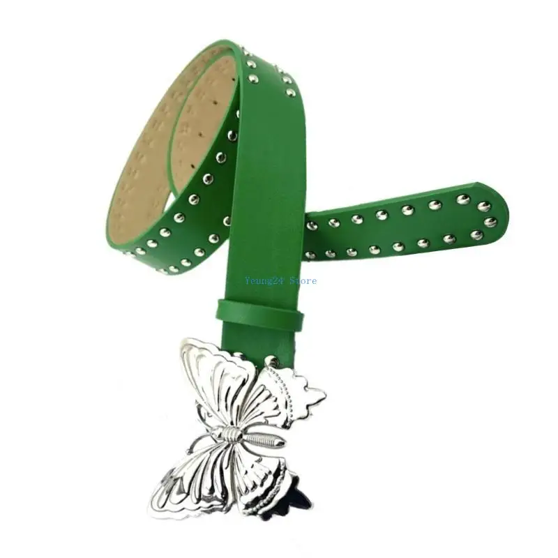 

P8DB Fashion Butterfly Buckles Waist Belt Studded PU Leather Belt Trendy Women Belt for Men and Women