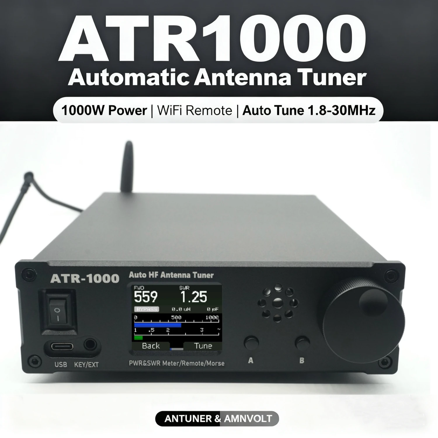 AMNVOLT ATR1000 1000W 1.8-30MHz Automatic Antenna Tuner HF Shortwave Radio Tuner Supports WIFI Remote Control for YAESU IC