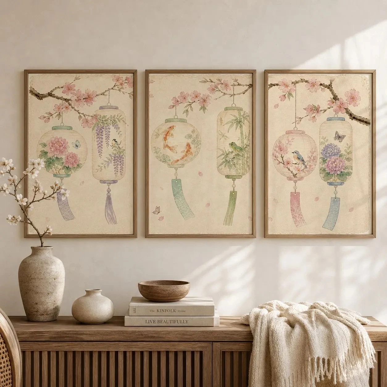 Japanese Watercolor Lantern Triptych Poster Set, Cherry Blossom Wall Art, Koi Fish Bamboo Bird Floral Prints, Japandi Home Decor