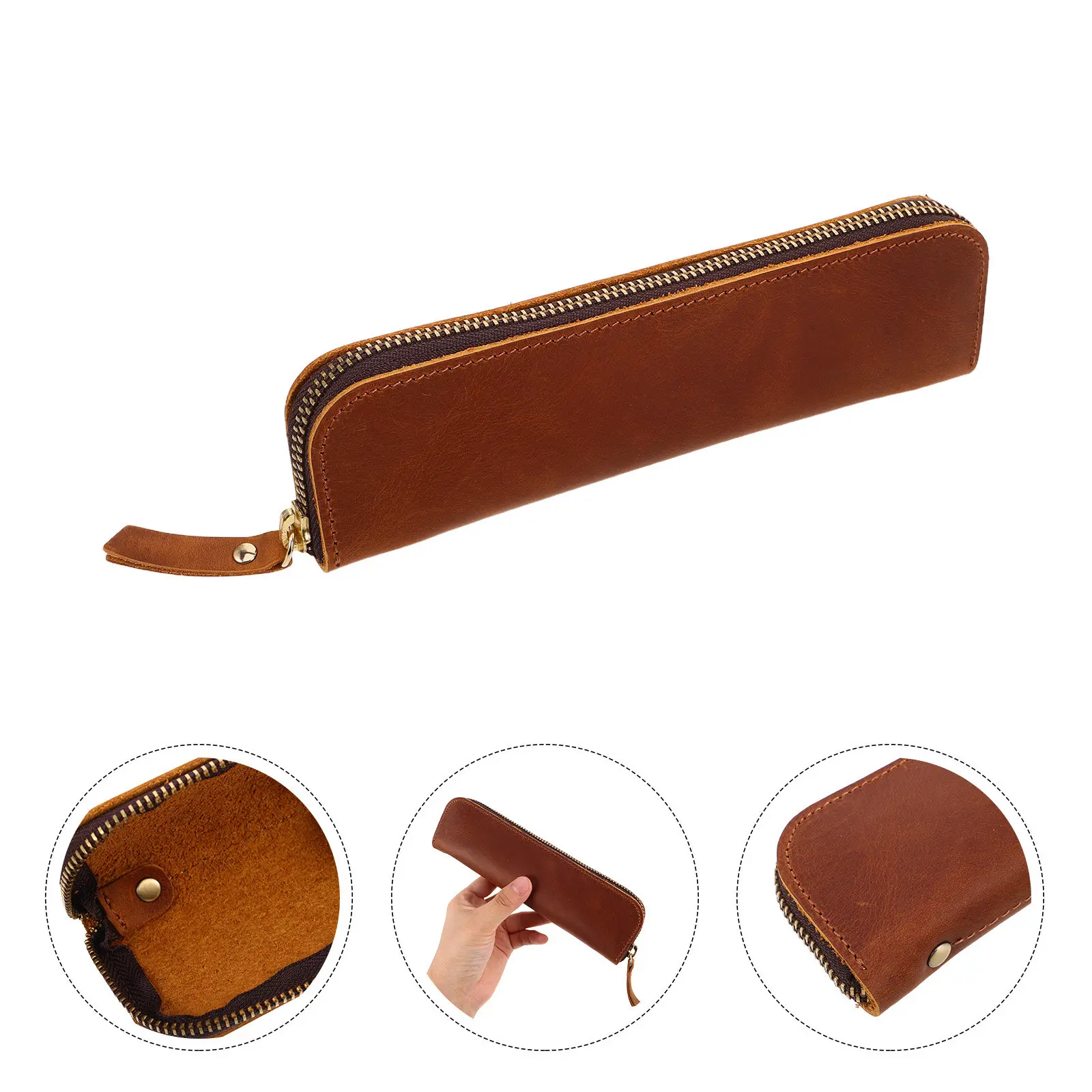 

Cowhide Pen Case Compact Portable Small Pencil Pouch Fountain Pen Holder Stationery Organizer for Men Women Office School