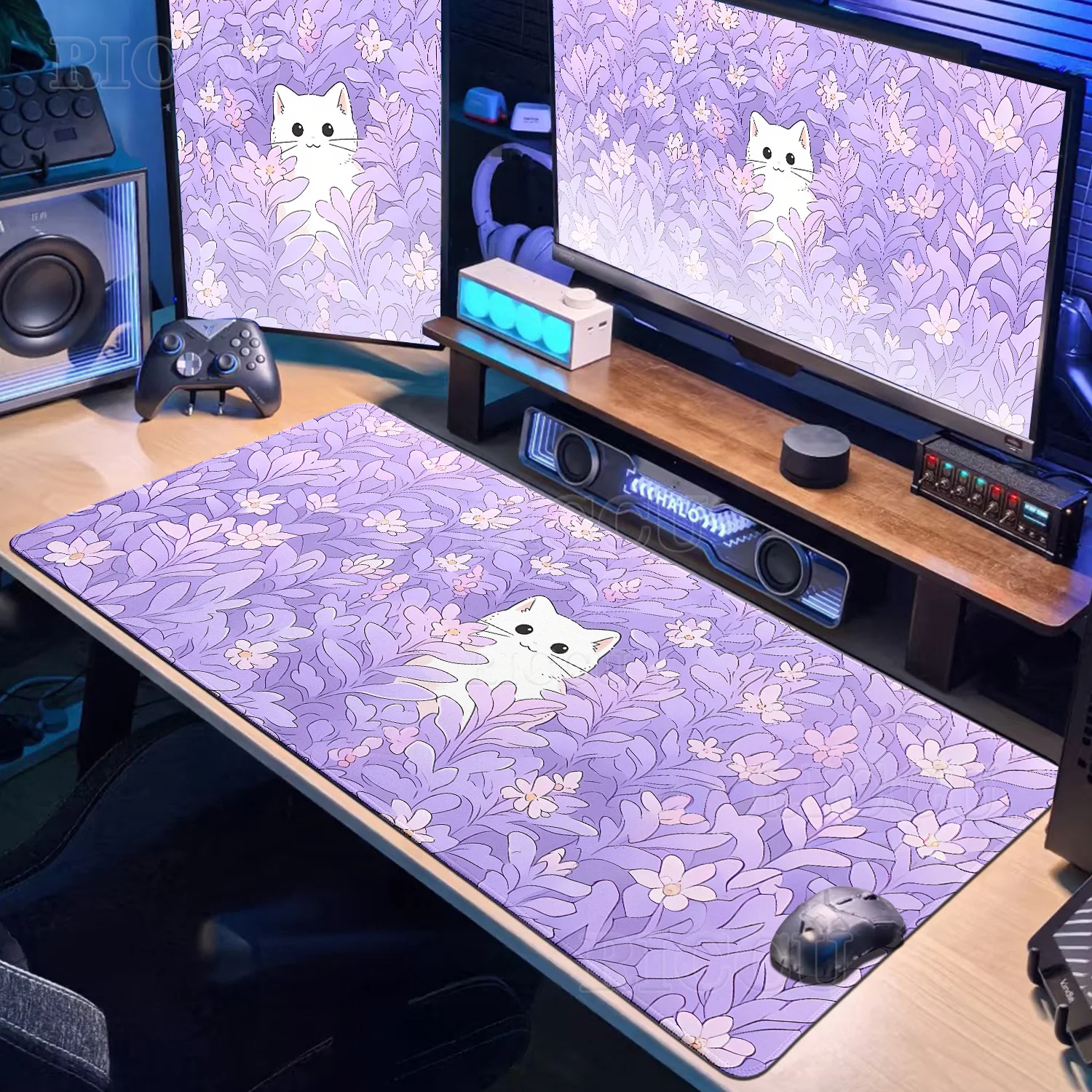 

White Cat Purple Plants Mouse Pad HD Keyboard Kawaii Deskmats XXL PC Gaming Accessories Laptop Cute Large Setup Gamer Decoration