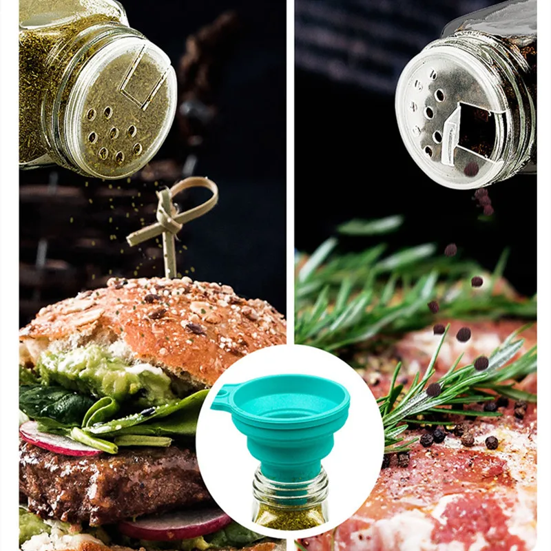 12-teiliges Glas-Gewürzgläser-Set mit Gewürzetiketten, leere quadratische Gewürzgläser – Streugläser mit versiegelten Metalldeckeln – zusammenklappbarer Silikon-Trichter – Detail 1