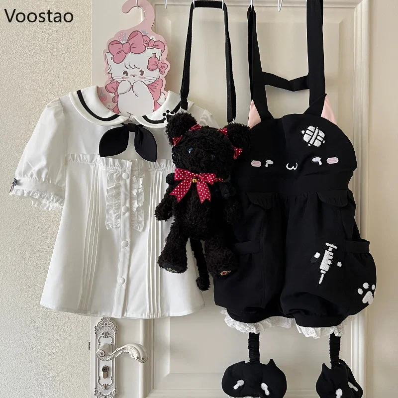 Y2k Lolita Style Overalls Shorts Set Women Sweet Sailor Collar White Shirt Cartoon Cat Rompers Suit Blouse Shorts 2 Piece Set