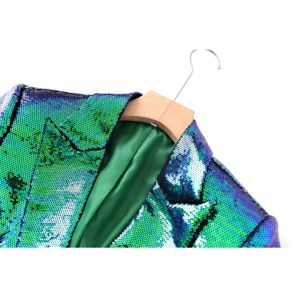 Eye-catching Occasion Wearing Women Clothing Shining Bling Gradient Color Dark Green Sequins 2PCS Blazers Shorts Sets