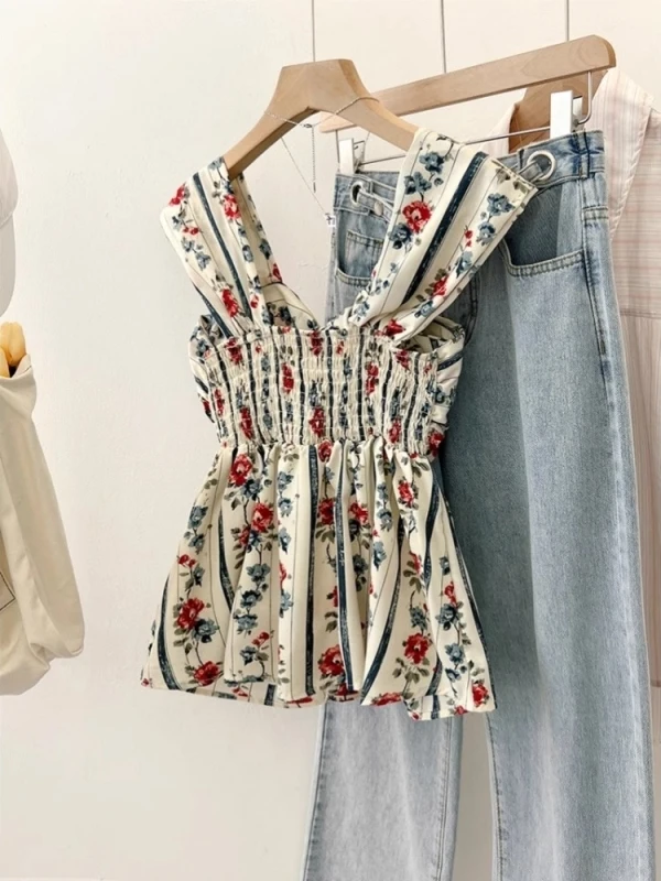 Retro Ele Schöner Blumendruck ter Ne irt Damen Sommer Neue Taille Schlankheitsdesign Knoten Top Französische Sle Loose Fit