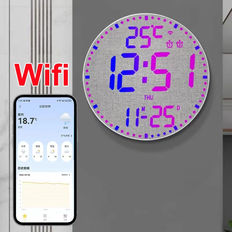 Smart Wifi Colorful LED Large Digital Wall Clock Temperature Date Week Display Dual Alarms Digital Clock 12/24h HomeDecor Remote