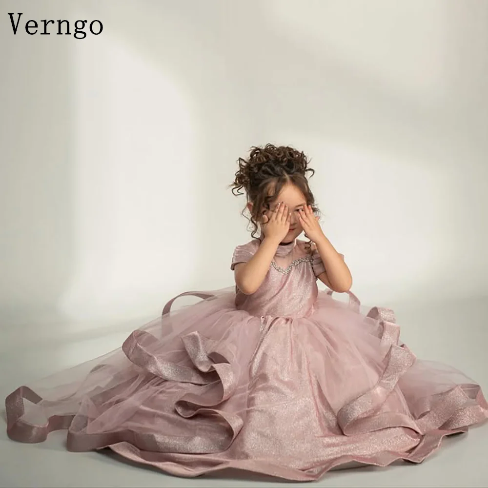 Verngo Pink Shiny Girl Birthday Party Dress Off The Shoulder A Line Princess Flowers Dresses Celebrity Kid Party Gown Customized
