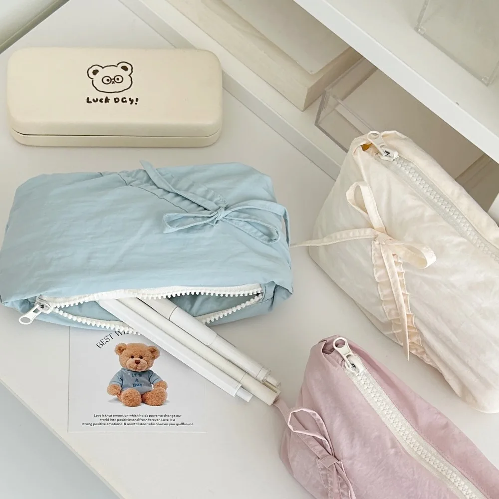 

Cute Bowknot Pencil Case Large Capacity Stationery Storage Bag Pink White Blue Zipper Pencil Bag Multi-Function Cosmetic Bag