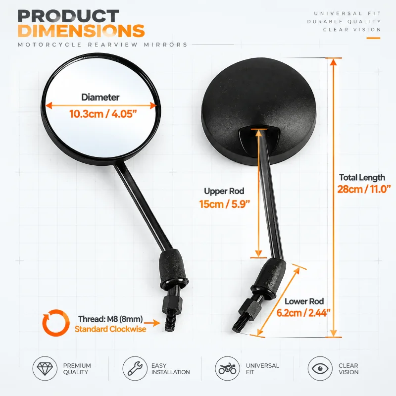 Motorcycle Mirrors Universal 8mm Scooter E-Bike Cafe Racer Retro Rearview Mirrors Adjustable HD Vision ABS Round Side Mirror