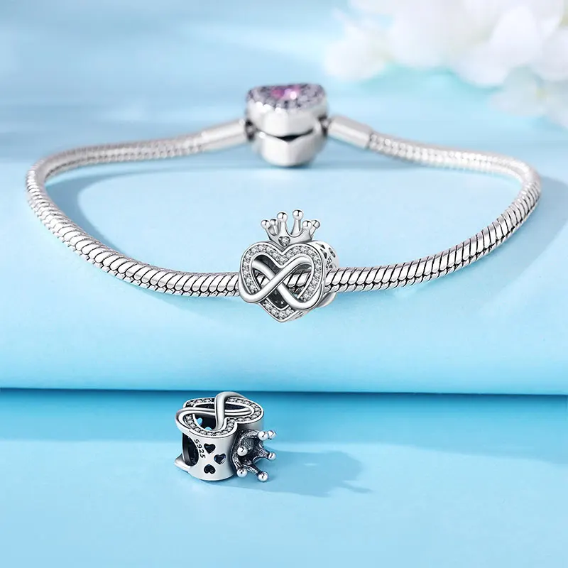 925 Sterling Silver Love Crown Unlimited Symbol Beads Unlimited with Love Beads Hearts Love Fits DIY Bracelet & Bangle Jewelry