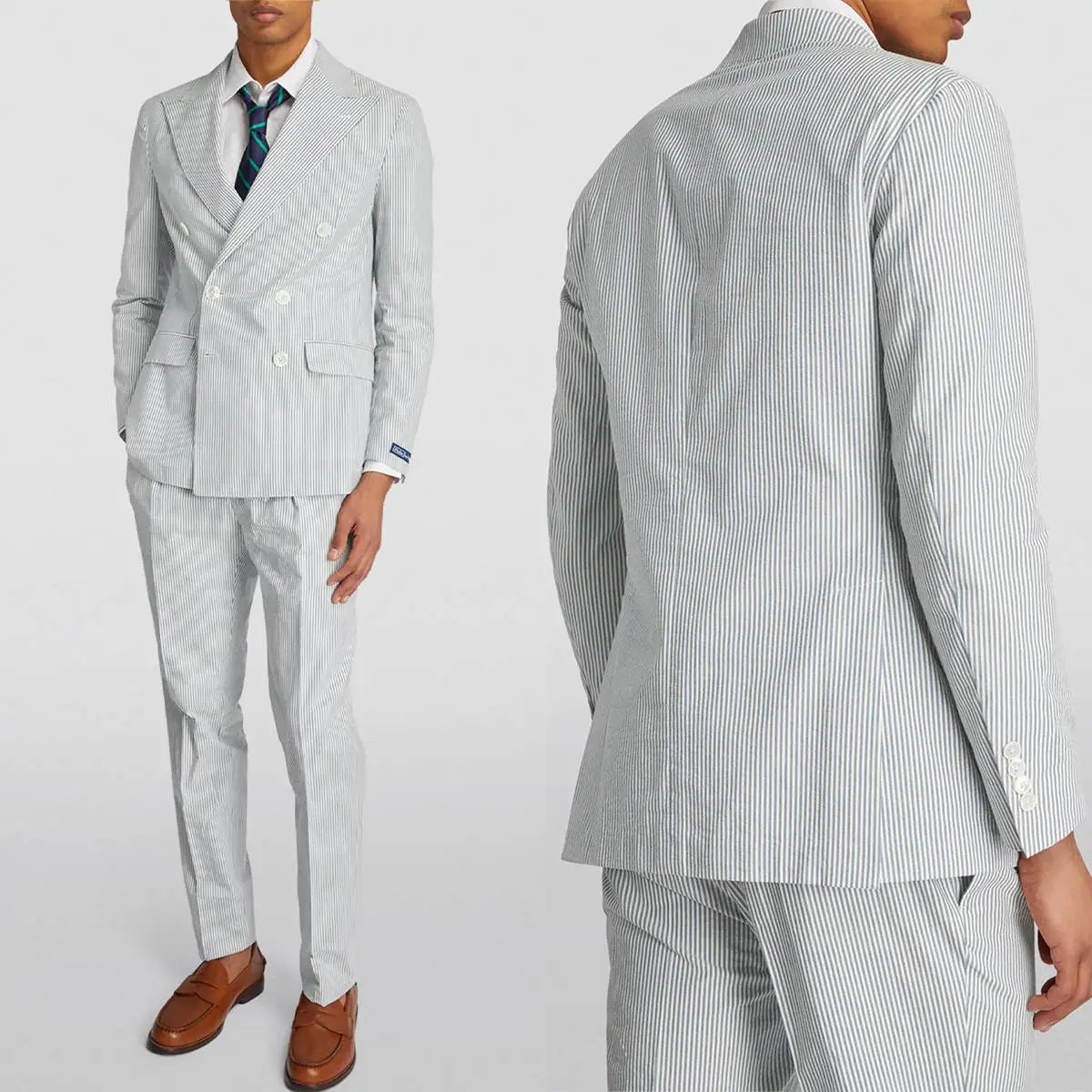 

Seersucker Men Wedding Suits Peaked Lapel Double Breasted Tuxedos Groom Business Party Custom Made 2 Psc Blazer Pants