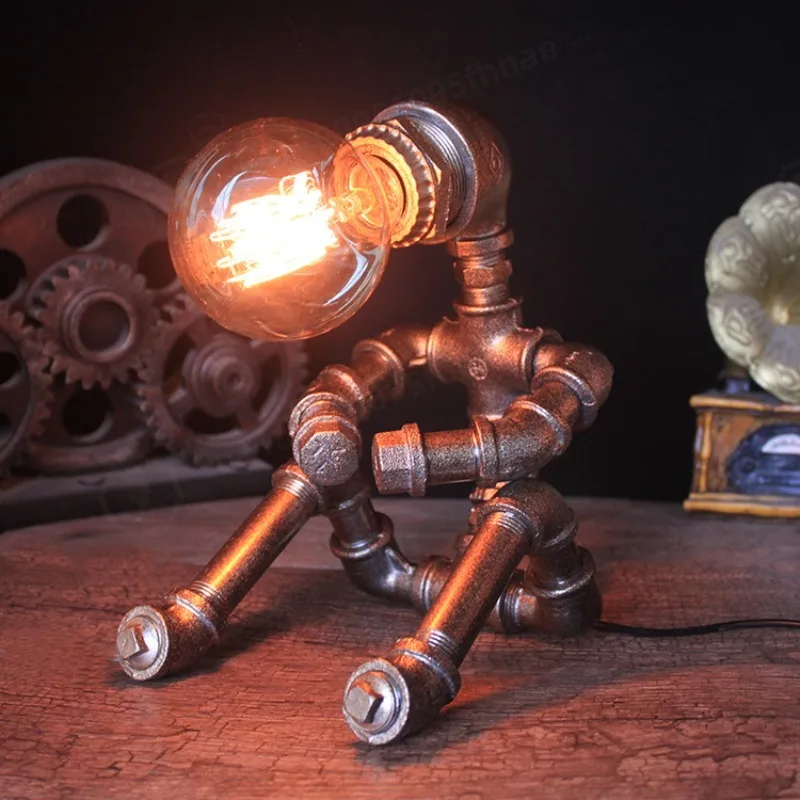 Robot Industrial Iron Pipe Table Lamp Retro Steampunk Edison Bulb Decor Light Bar Bedroom Dorm Gift Lamp