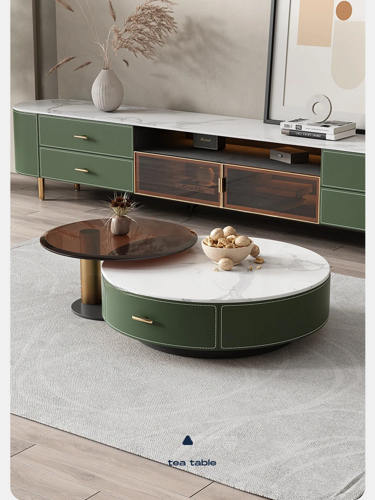 Italian Saddle Leather Stone Plate Coffee Table TV Cabinet Combination round Storage Nordic Style Light Luxury  furniture