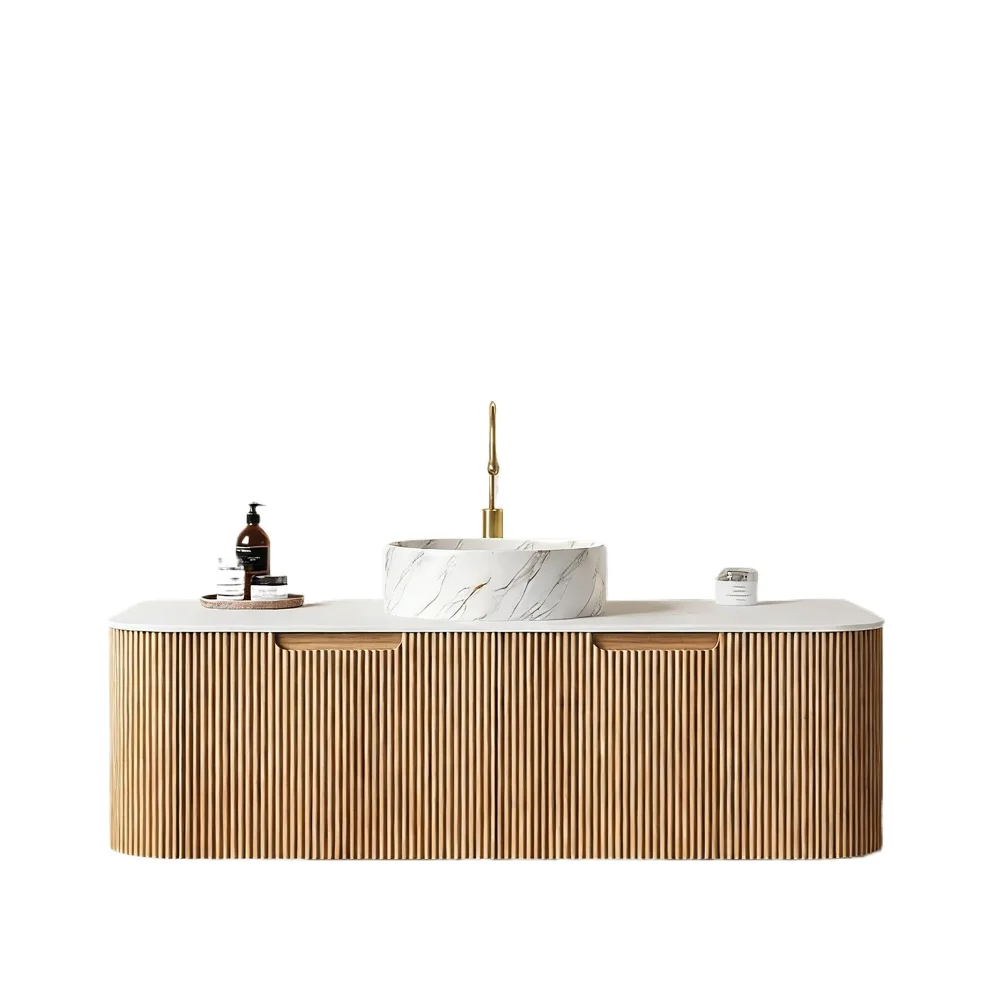 60 Inch Wall Mounted Bathroom Vanity with Marble Vessel Sink Light Oak Fluted Doors Gold Faucet Round Mirror