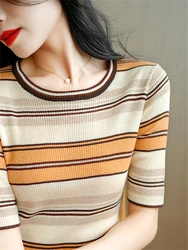 Summer new contrasting striped short sleeved T-shirt for women's casual versatile round neck knit sweater for women's top 2268