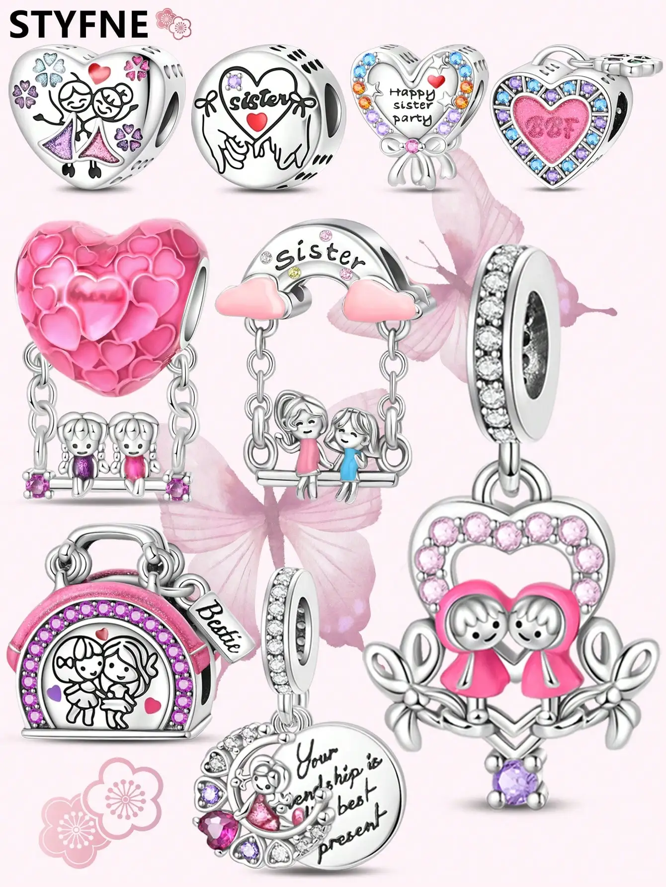 925er Silber vergoldet, Original-Charms, rosa Herz, Freundschaftsbeutel-Perlen, passend für Armbänder, Damenschmuck, Geschenk